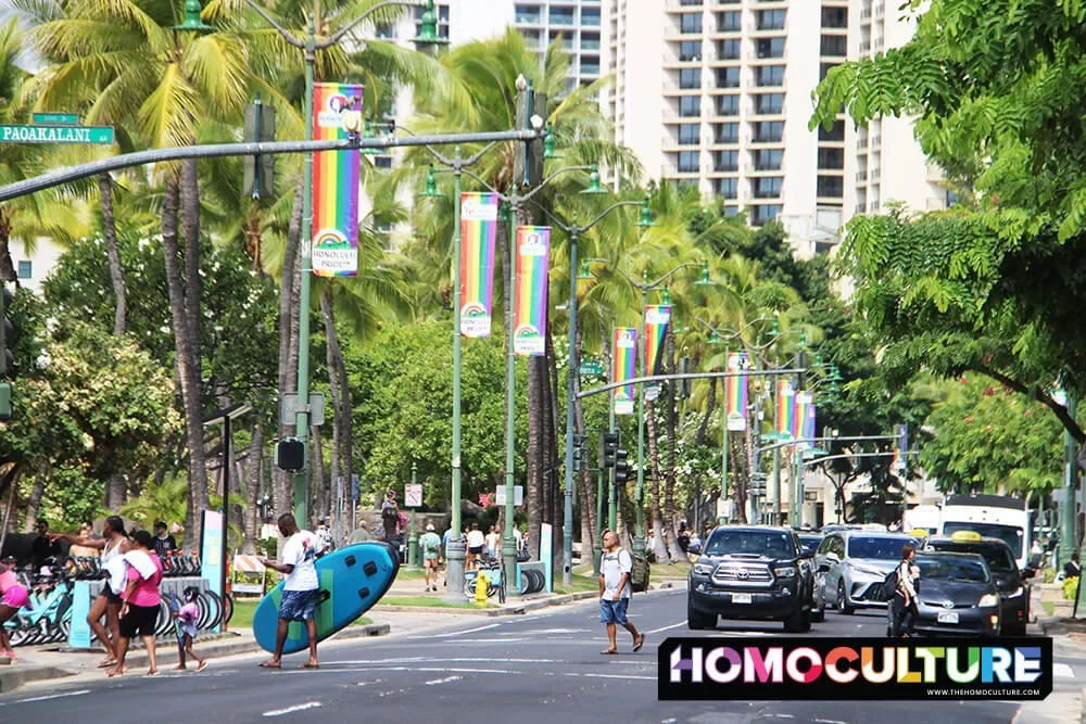 Waikiki's Main Street with Pride banners to celebrate Honolulu Pride.