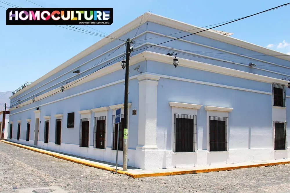 The iconic baby blue exterior of the Hotel Nukari in Jala, Mexico. 