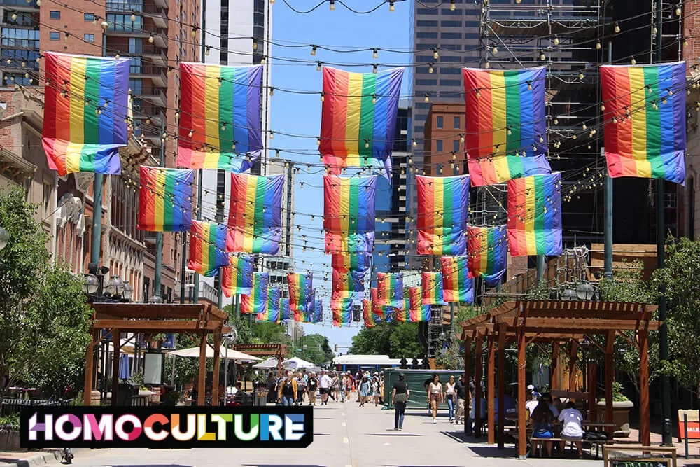 Pride flags hanging over Larimer Square during Denver Pride 2023 in Denver, Colorado.