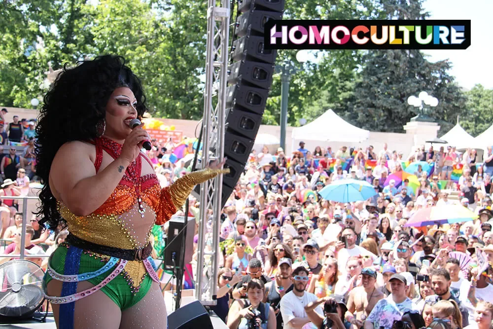 A drag performer on stage at the 2023 Denver PrideFest in Denver, Colorado. 