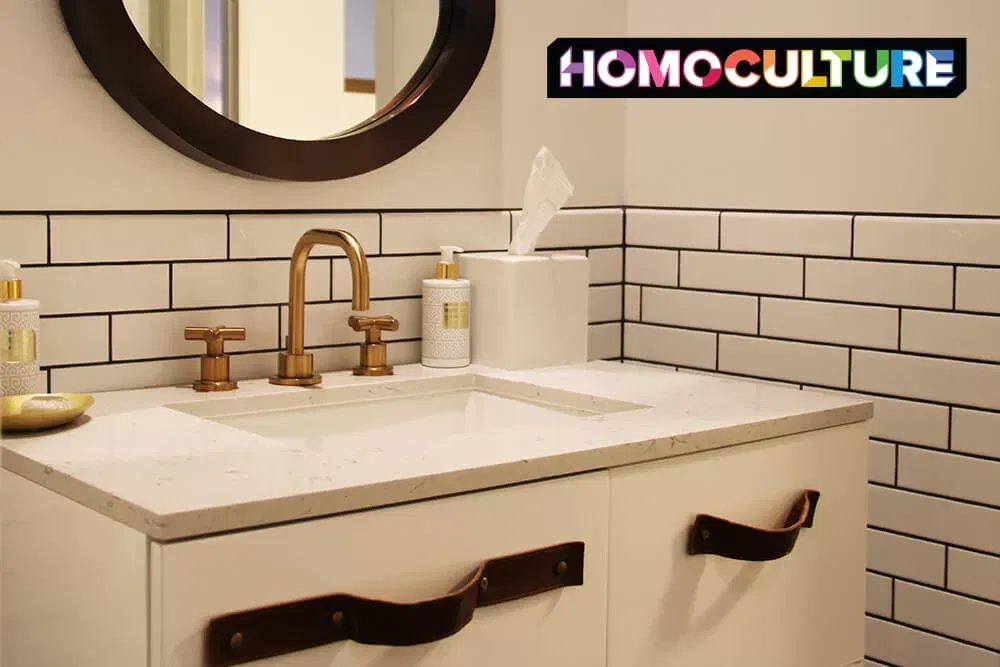 A bathroom vanity in a guest room at the Halcyon, a Hotel in Cherry Creek, in Denver, Colorado. 