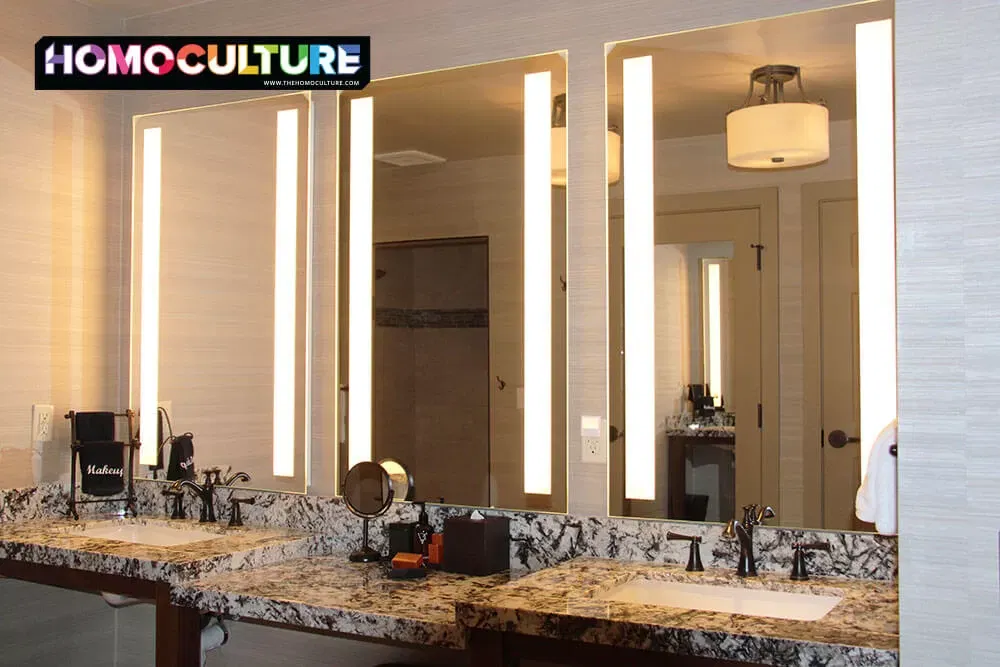 A dual-vanity bathroom in a guest room at Vintners Resort. 