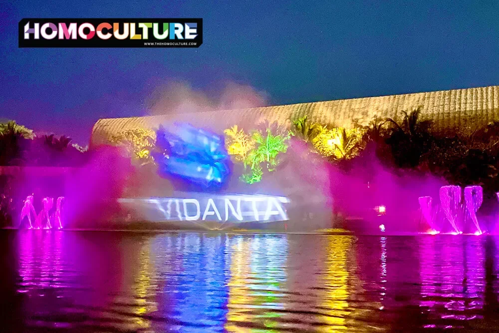A colorful water and light show displays the Vidanta logo.