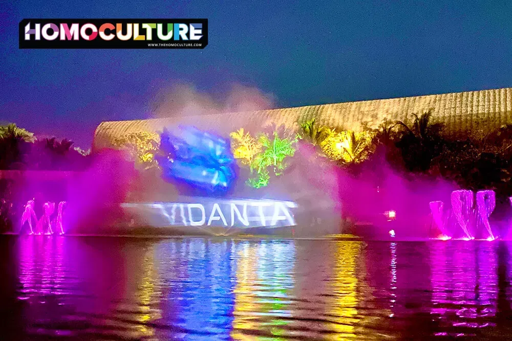 A colorful water and light show displays the Vidanta logo. 