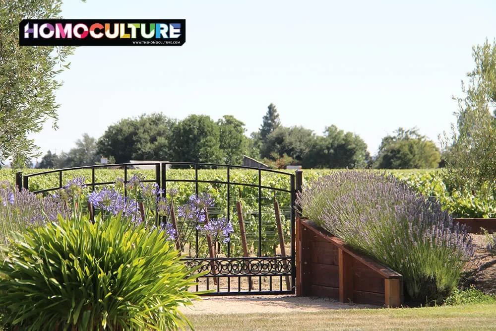 Lavender surrounds a gate to the vineyard at Vintners Resort.
