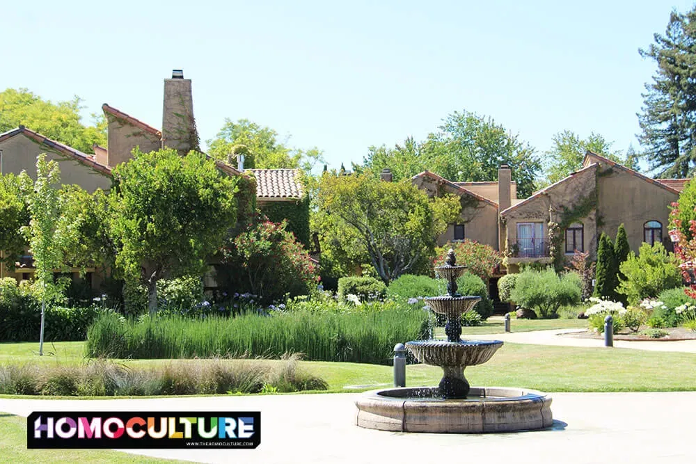 A water fountain flows at the luxury resort, Vintners Resort, in Sonoma Valley, California. 