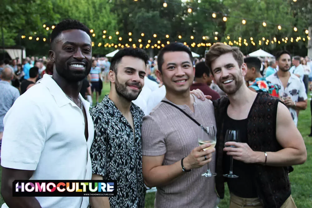 A group of friends at the Twilight T-Dance during Gay Wine Weekend 2023.
