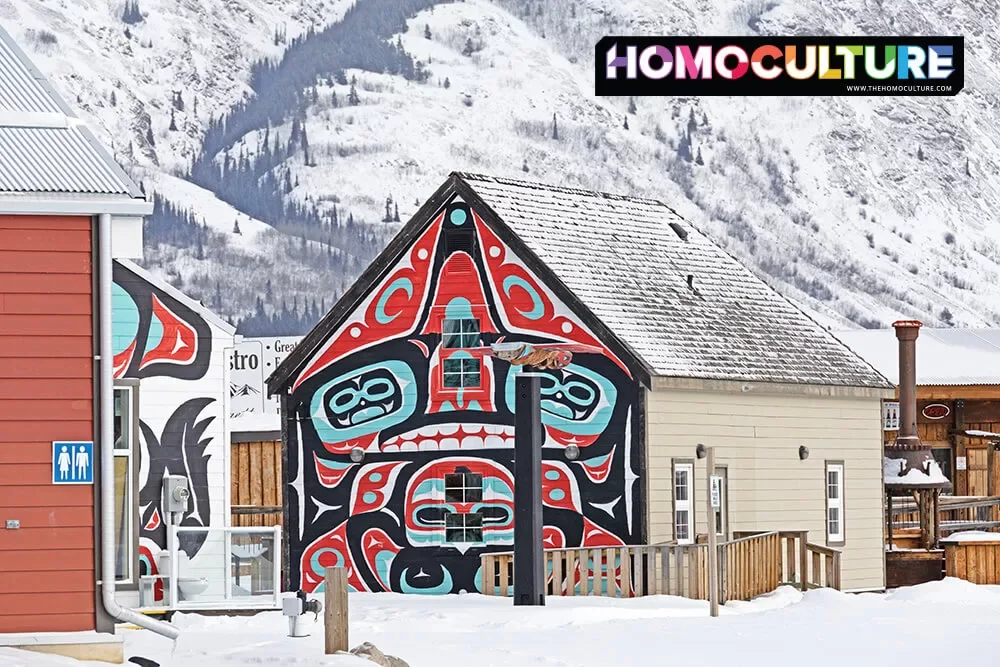 A colorful building decorated with First Nations art in Carcrosss, Yukon. 
