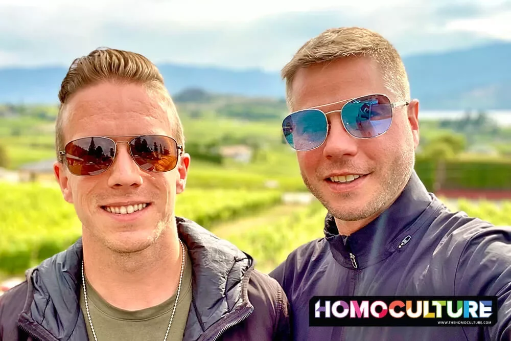 A gay couple out on a spring date.
