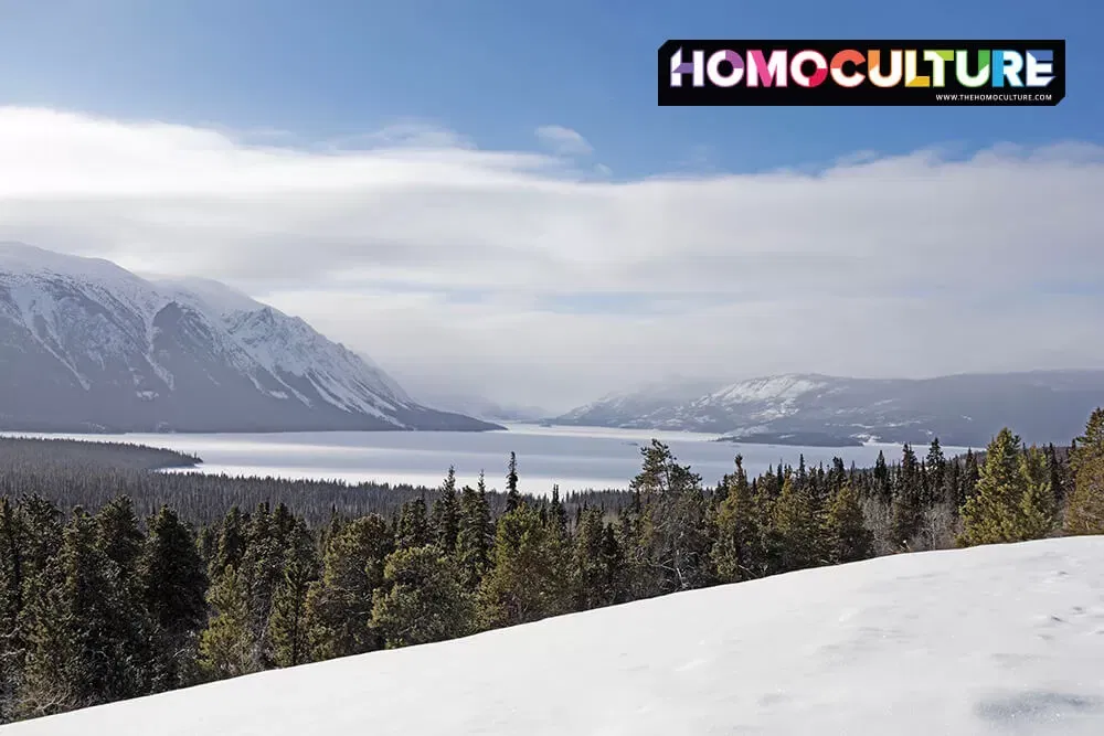 The scenic lookout view of Tagish Lake from high above Southern Lakes Resort in the Yukon.