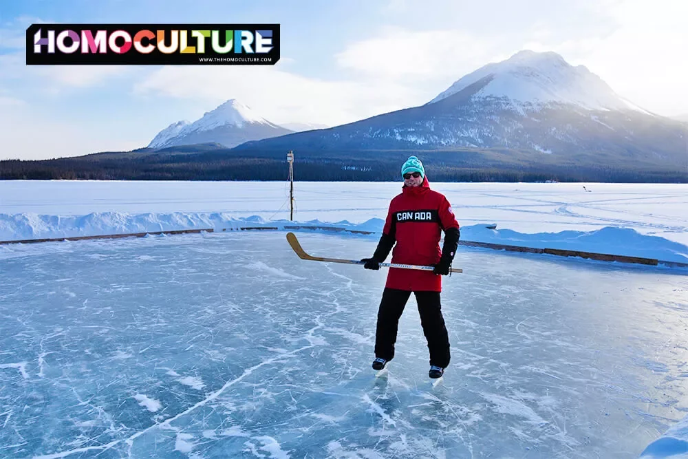 Playing hockey on a frozen lake durin the winter at Southern Lakes Resort. 