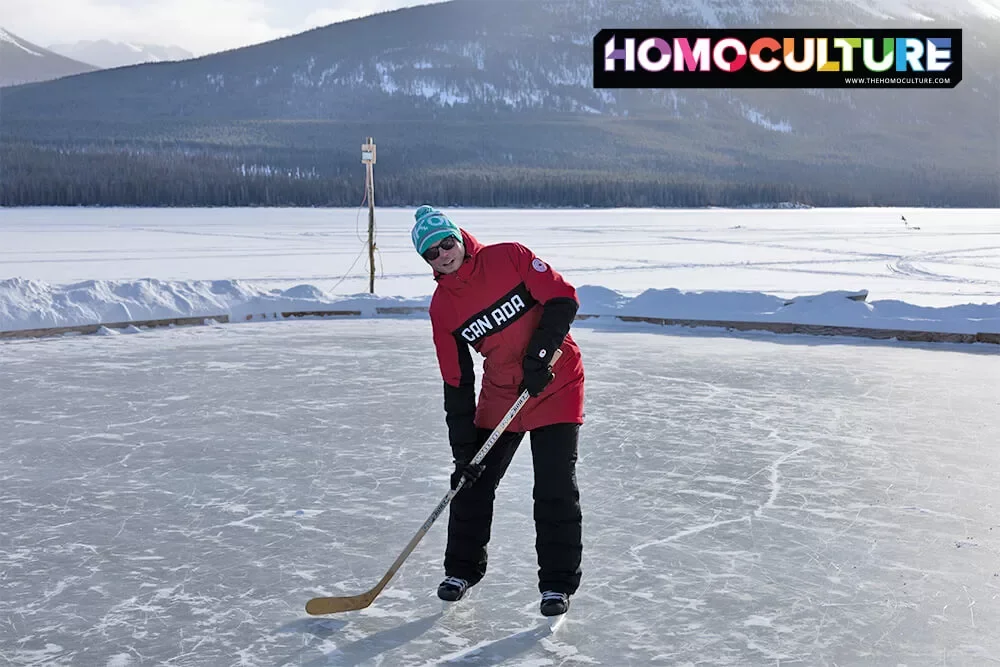 Playing ice hockey on Taggish Lake at Southern Lakes Resort. 
