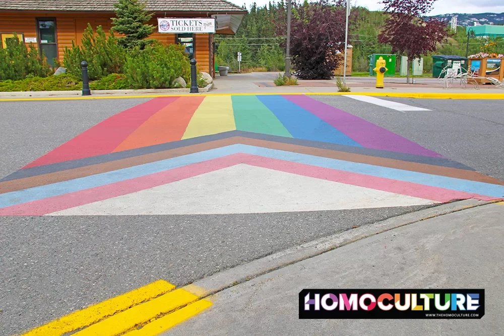 A progressive Pride flag crosswalk in Whitehorse, Yukon.