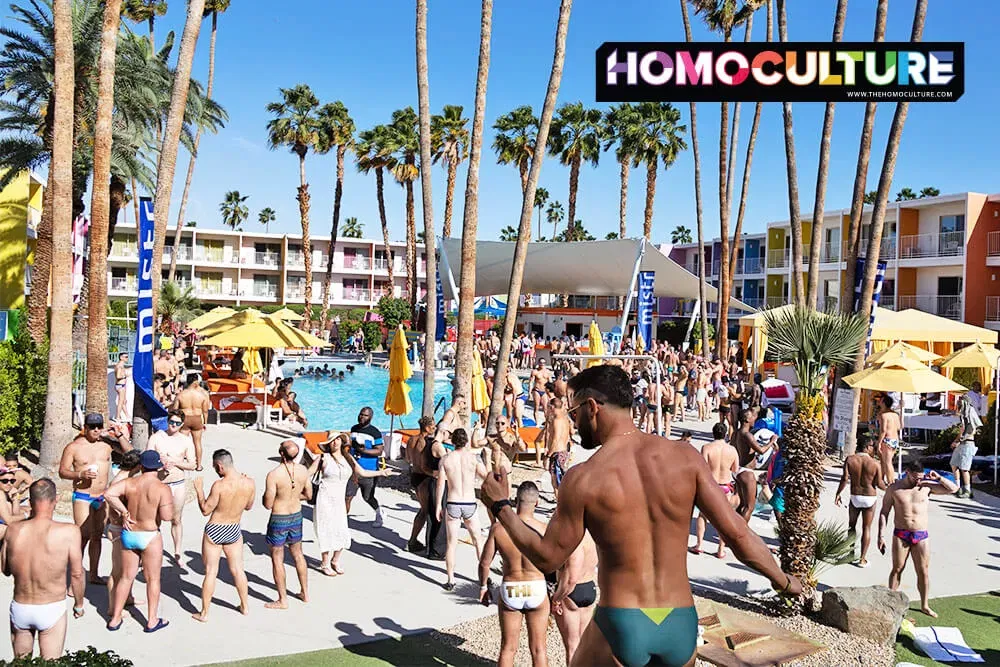 A go-go dancer dancing at the Aqua Boy Pool Party at White Party Palm Springs 2024. 