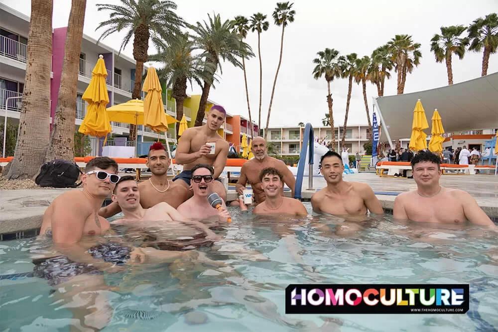 A group of friends enjoying the hot tub at the Soakin’ Wet Pool Party during White Party Palm Springs 2024. 