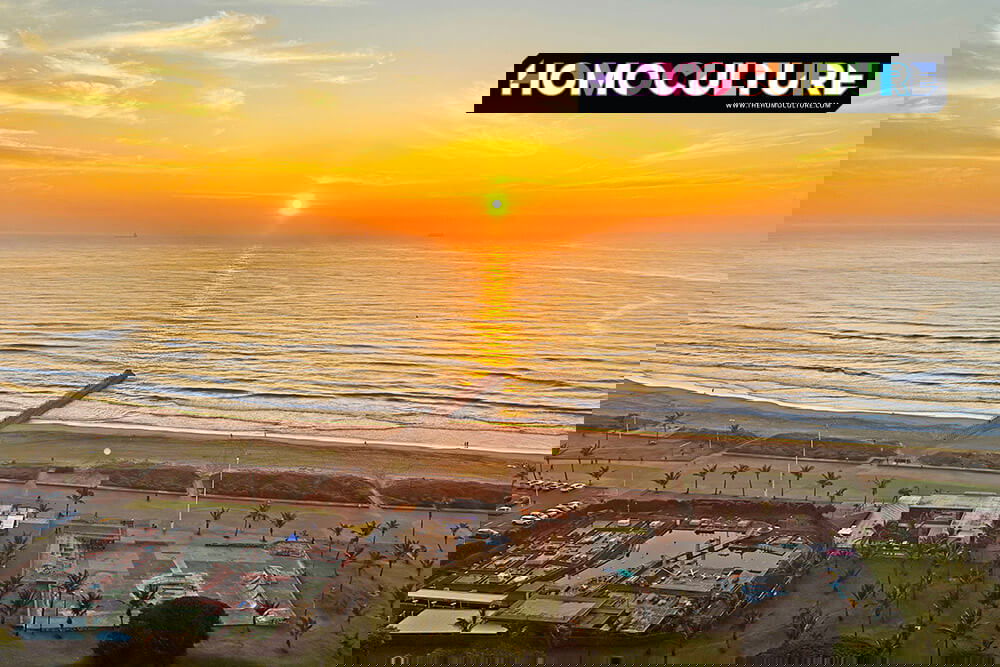 Golden sunrise over the Indian Ocean and Durban’s Golden Mile beachfront, viewed from above, with promenade, ocean pier, and palm trees in foreground.